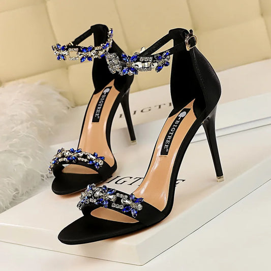 2025 Glam Silk Sandals Open Toe Crystal Heels for Brides & Elegant Events ,Party Lady Green Red Black Pumps