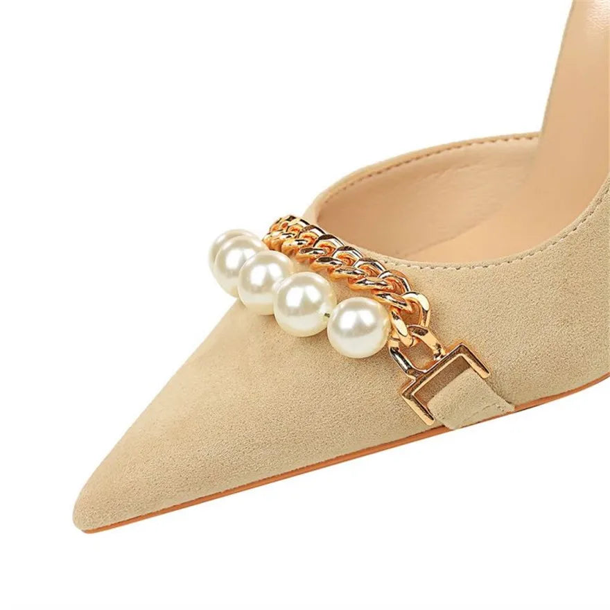 2025 New Styles Elegant Black Stilettos Pearl Detail & Hollow Side for Office or Party Heels