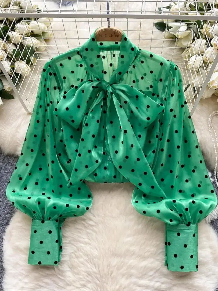 2025 Sweet Vintage Polka Dot Shirt long Sleeve Office ladies Blouses Tops