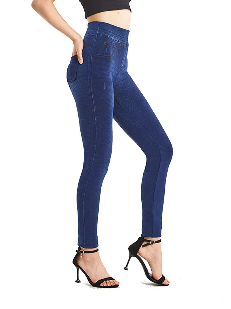 Leggings for Women Plus Size Stretch ,Seamless Soft Pencil Leggings with Faux Jeans Look & Pockets