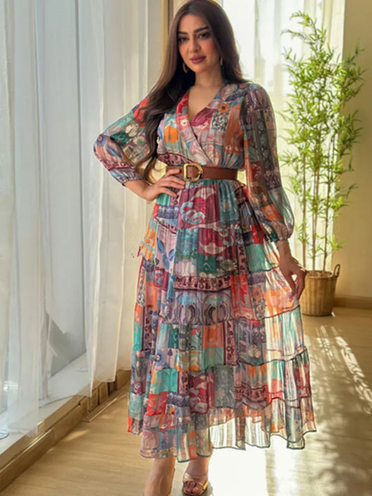 2025 Spring Summer Women’s Chiffon Dress – V-Neck, Long Sleeve, Belted A-Line Party Look