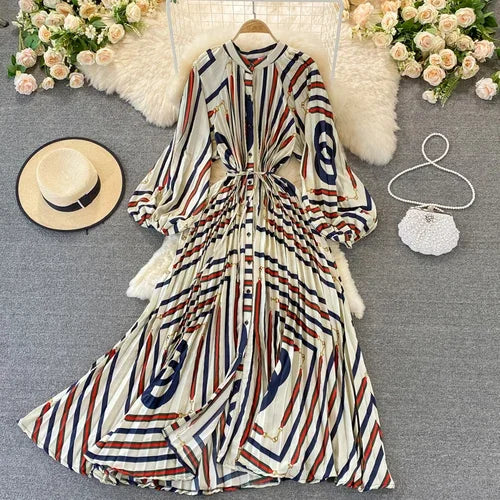 Boho Floral Chiffon Midi Dress Puff Sleeve, Lace-Up Waist, Beach Style for Women