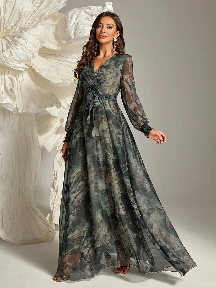 Women's Elegant Floral Wrap Dress TOLEEN 2024 Spring/Summer Belted Maxi with Long Sleeves