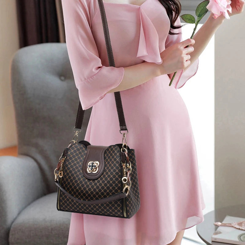 New Women Handbag Bag Luxury Check Print Bucket Shoulder Bag – Flip Top, Large Capacity Crossbody for Women