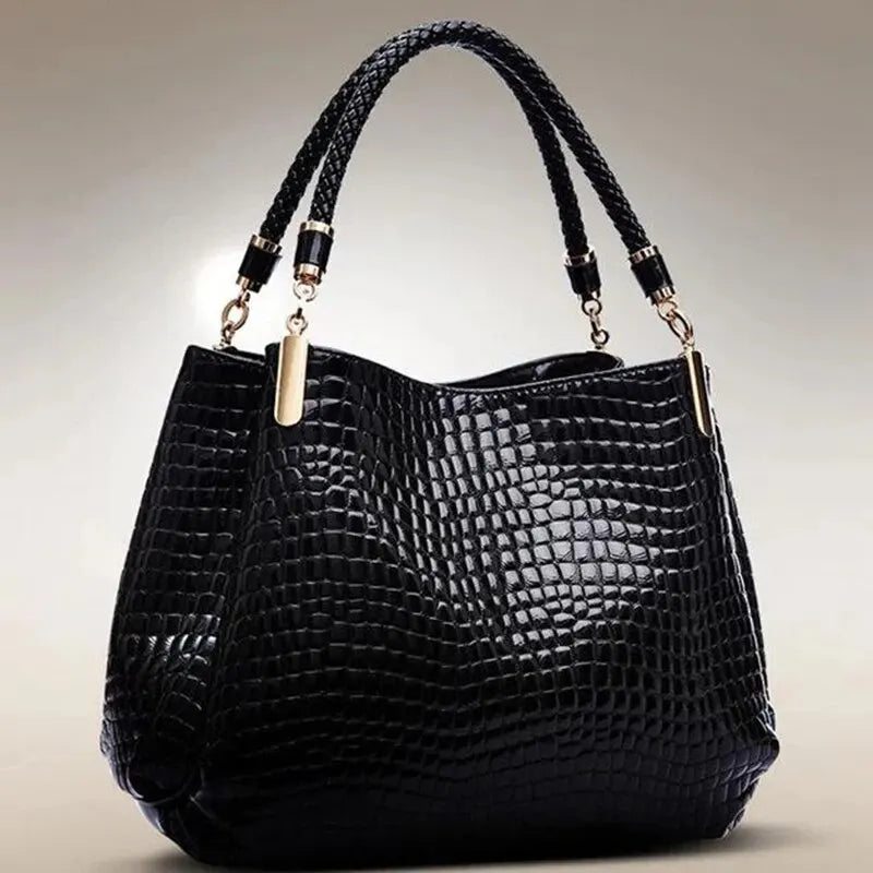 Elegant Large Capacity Handbag – Croc-Effect Glossy Tote for Everyday Use