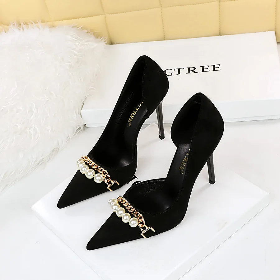2025 New Styles Elegant Black Stilettos Pearl Detail & Hollow Side for Office or Party Heels