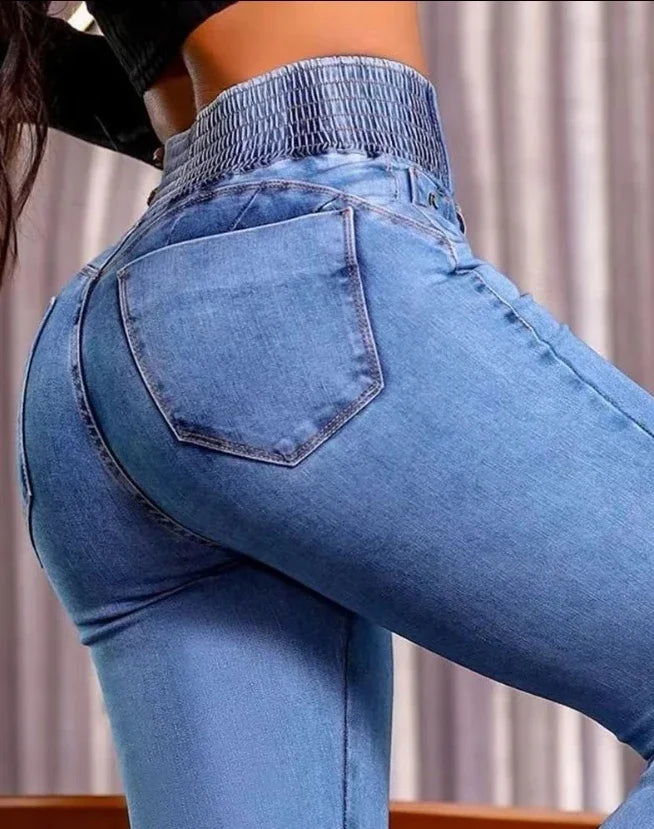 2025 Street Style Jeans Button Front & Shirred Back Comfort Fit