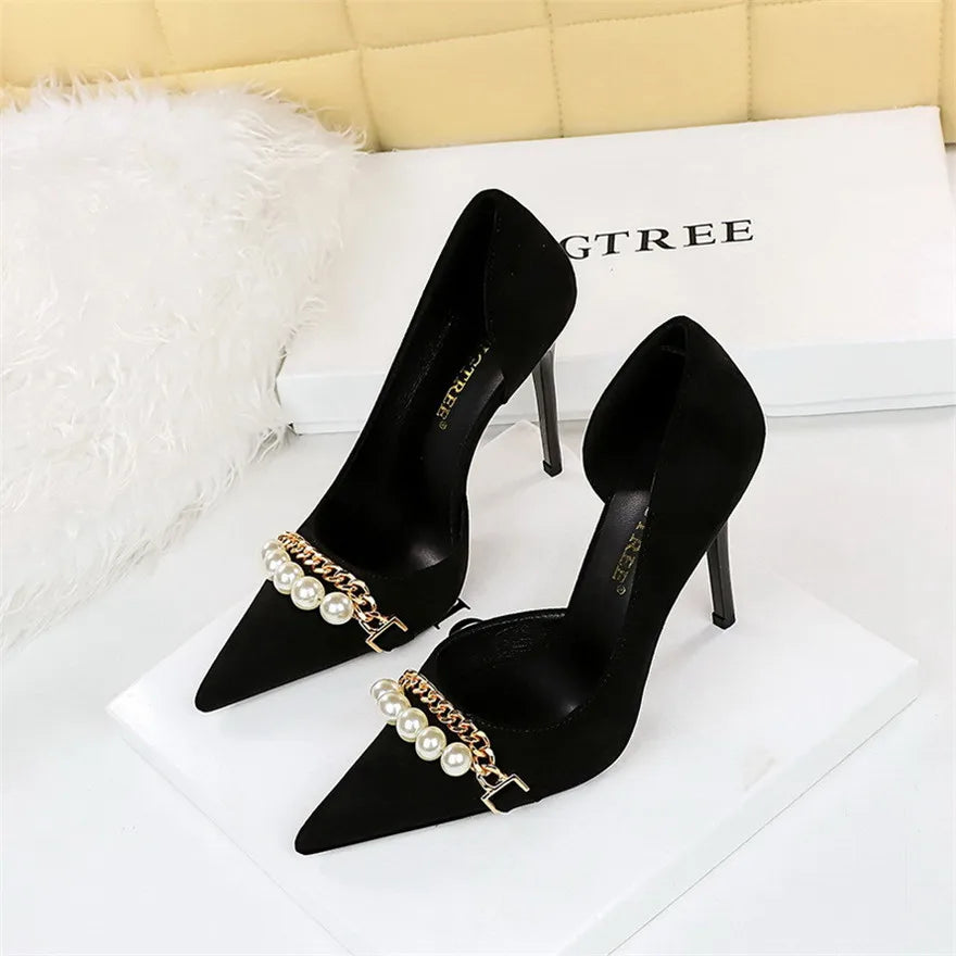 2025 New Styles Elegant Black Stilettos Pearl Detail & Hollow Side for Office or Party Heels