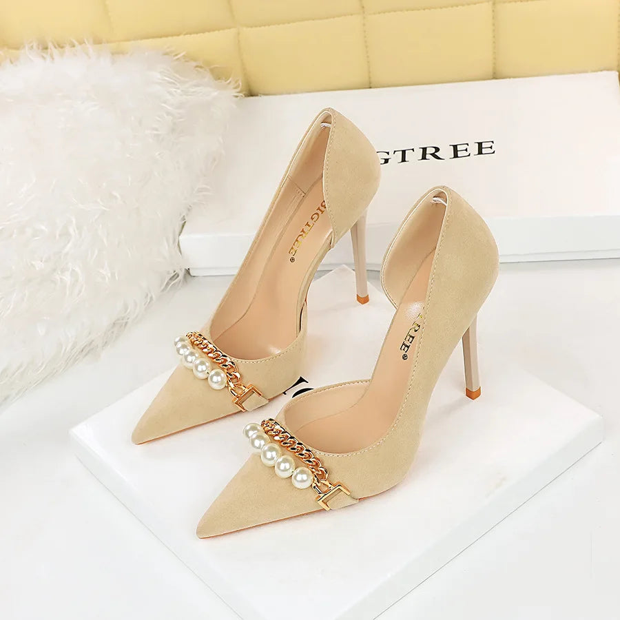 2025 New Styles Elegant Black Stilettos Pearl Detail & Hollow Side for Office or Party Heels