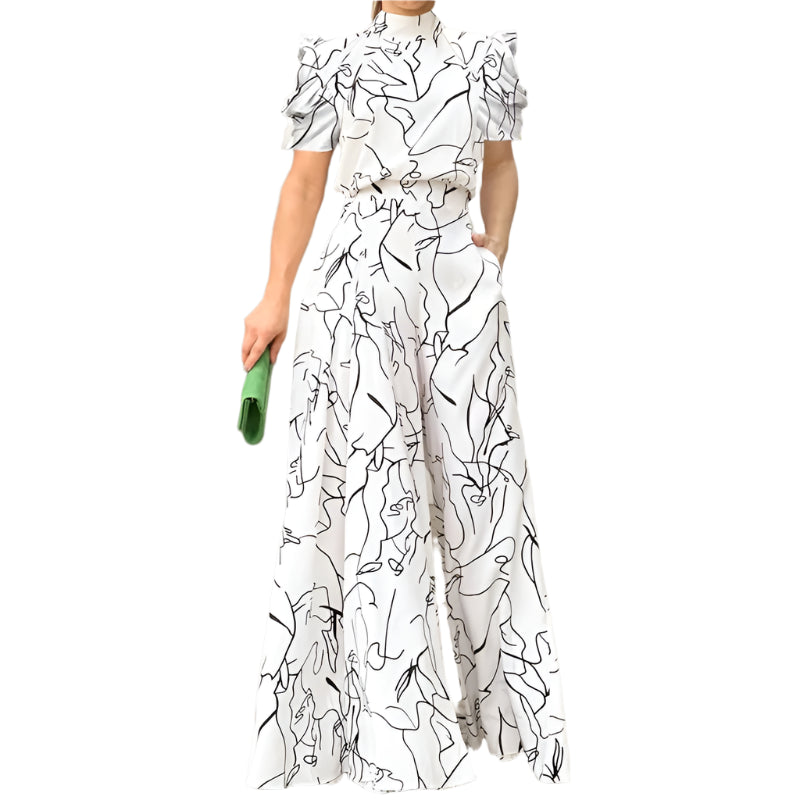 stylish Women's Elegant Art Print Jumpsuit Loose Fit, Halterneck, Short Sleeve Long Pants Set for High Street Style