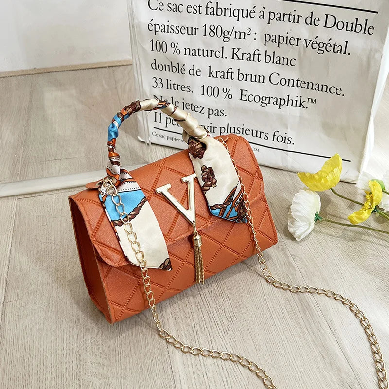 New Fashion Elegant Square Chain Shoulder Bag – V-Pattern, Silk Scarf & Tassel Detail