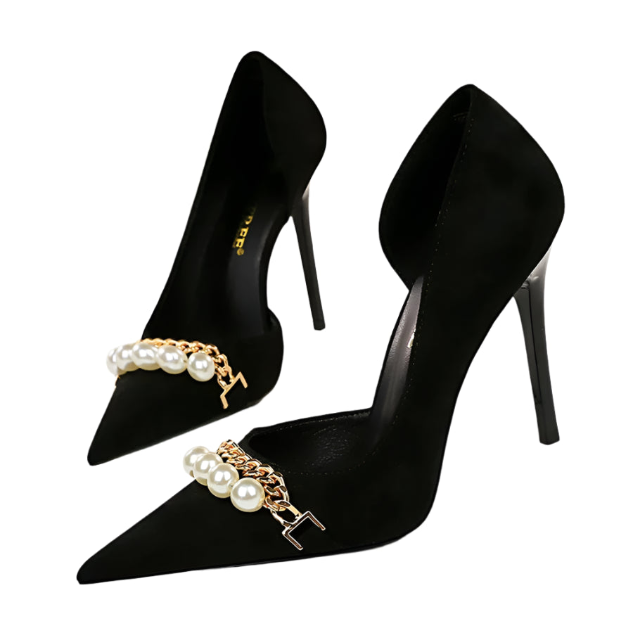 2025 New Styles Elegant Black Stilettos Pearl Detail & Hollow Side for Office or Party Heels