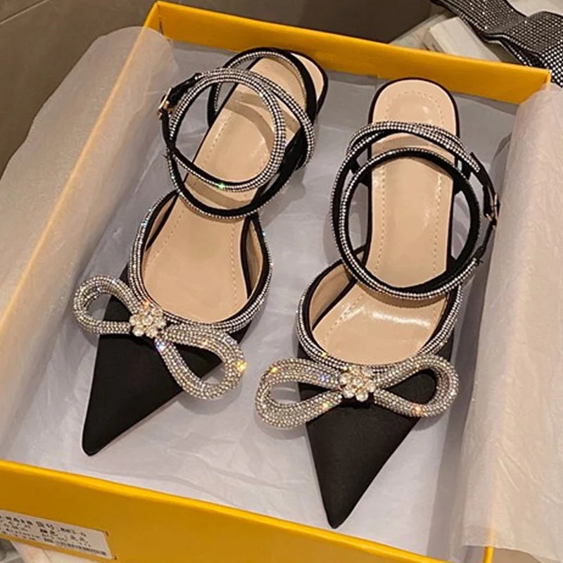 2025 Fashion Glitter Rhinestone Pumps Women's Silk Pointed Toe High Heels with Crystal Bow and Buckle Strap for Party & Prom