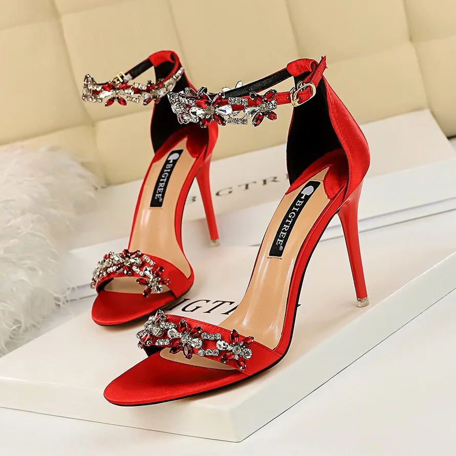 2025 Glam Silk Sandals Open Toe Crystal Heels for Brides & Elegant Events ,Party Lady Green Red Black Pumps