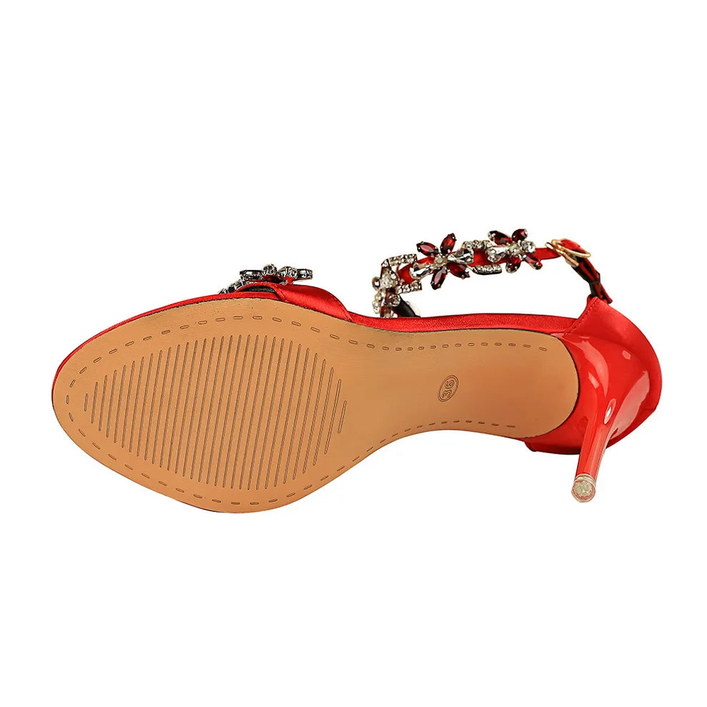 2025 Glam Silk Sandals Open Toe Crystal Heels for Brides & Elegant Events ,Party Lady Green Red Black Pumps