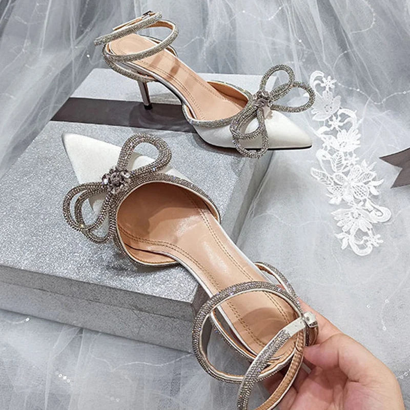 2025 Fashion Glitter Rhinestone Pumps Women's Silk Pointed Toe High Heels with Crystal Bow and Buckle Strap for Party & Prom