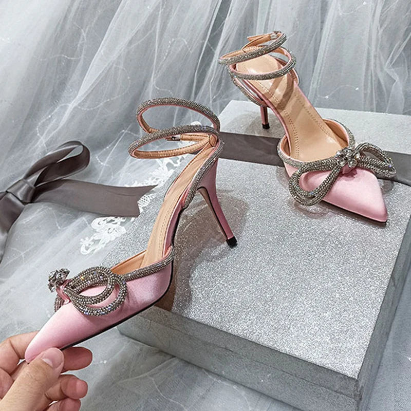 2025 Fashion Glitter Rhinestone Pumps Women's Silk Pointed Toe High Heels with Crystal Bow and Buckle Strap for Party & Prom