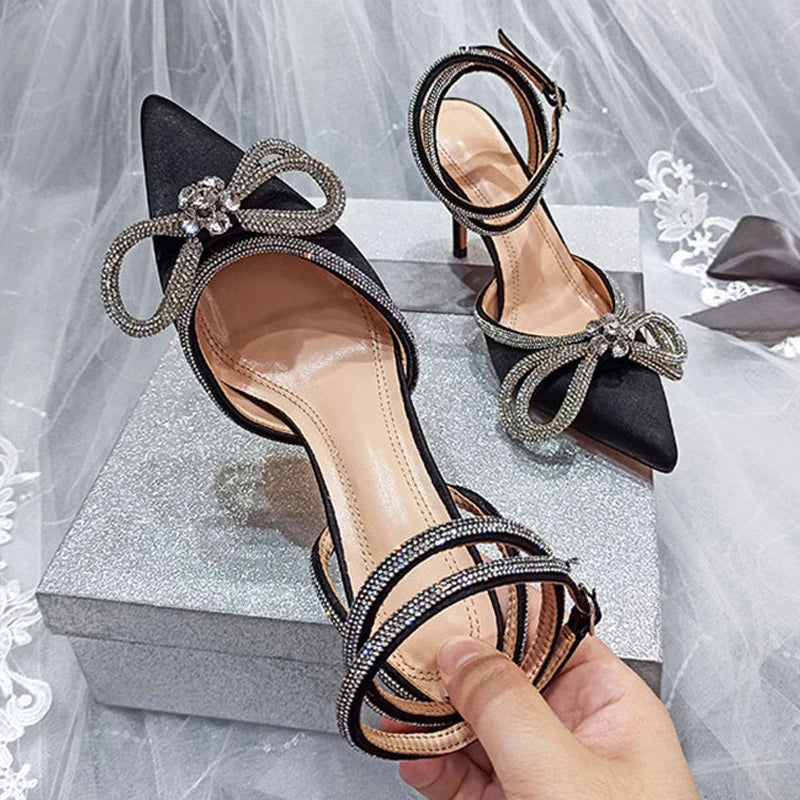 2025 Fashion Glitter Rhinestone Pumps Women's Silk Pointed Toe High Heels with Crystal Bow and Buckle Strap for Party & Prom