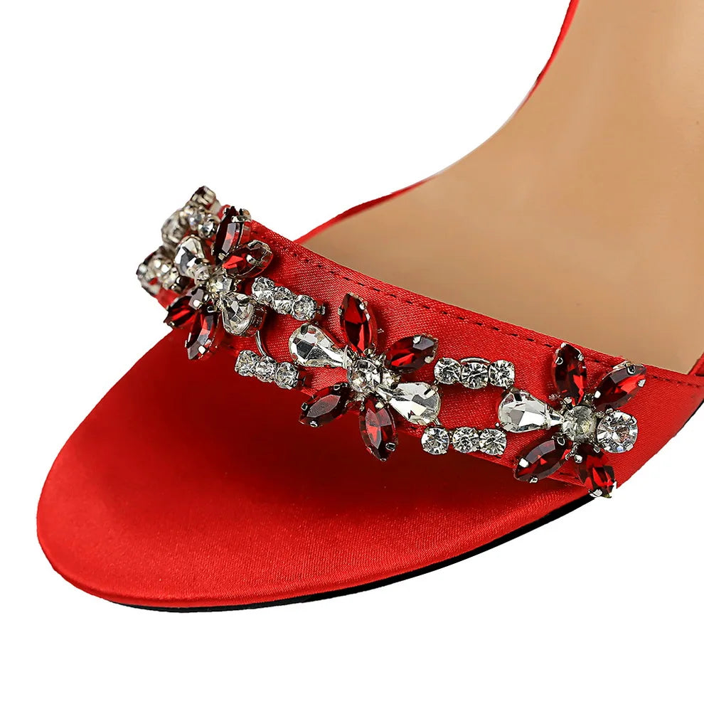 2025 Glam Silk Sandals Open Toe Crystal Heels for Brides & Elegant Events ,Party Lady Green Red Black Pumps