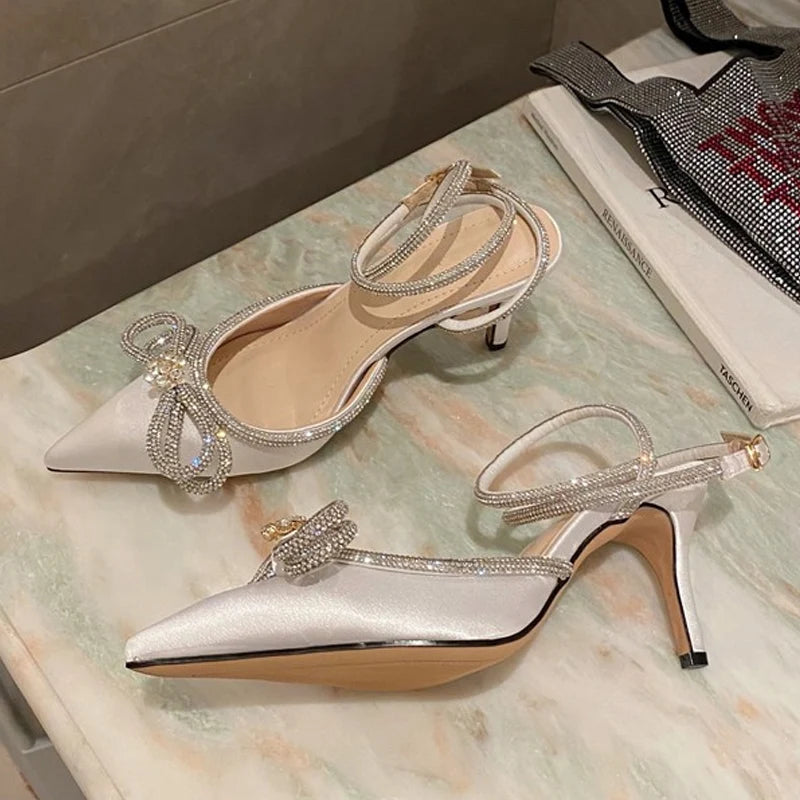 2025 Fashion Glitter Rhinestone Pumps Women's Silk Pointed Toe High Heels with Crystal Bow and Buckle Strap for Party & Prom