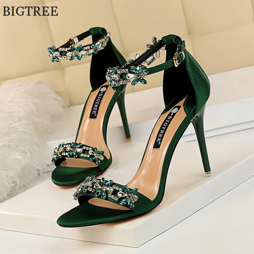 2025 Glam Silk Sandals Open Toe Crystal Heels for Brides & Elegant Events ,Party Lady Green Red Black Pumps