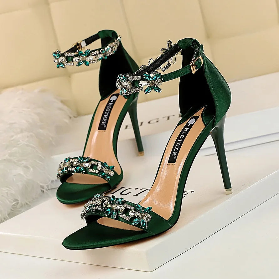 2025 Glam Silk Sandals Open Toe Crystal Heels for Brides & Elegant Events ,Party Lady Green Red Black Pumps