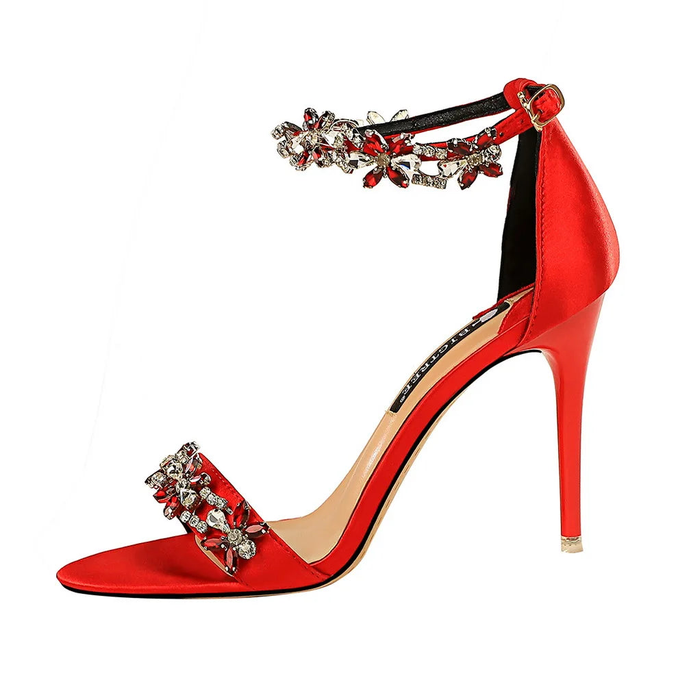 2025 Glam Silk Sandals Open Toe Crystal Heels for Brides & Elegant Events ,Party Lady Green Red Black Pumps