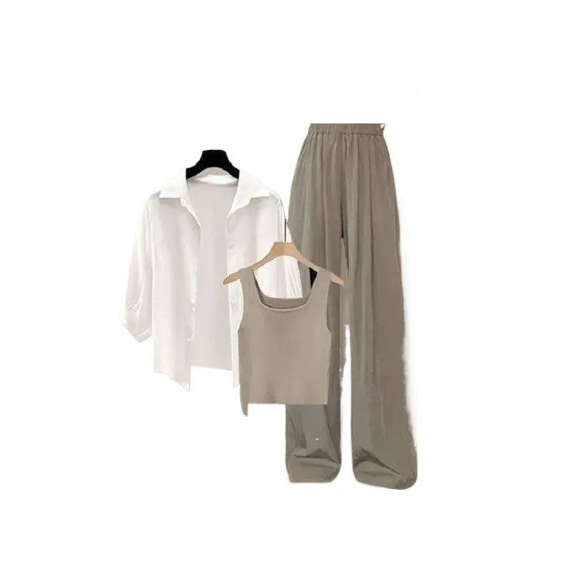 2025 Summer Women’s Tracksuit Set – Elegant White Sunscreen Shirt, Vest & Wide Leg Pants, Stylish 3-Piece Casual Outfit