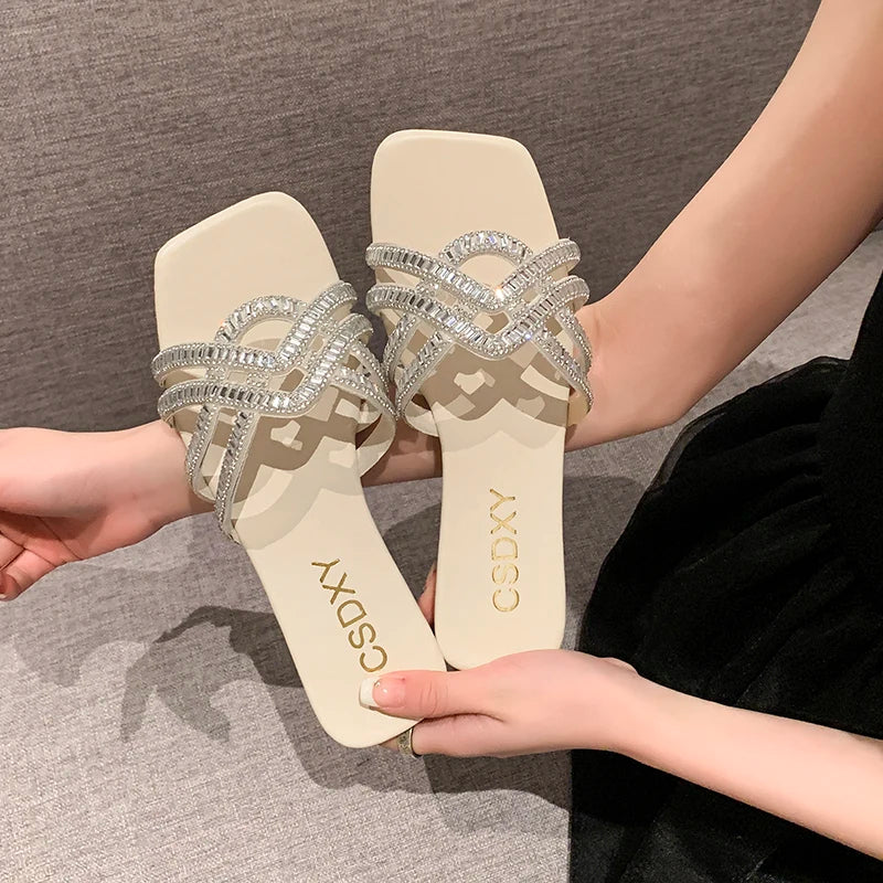 Luxury Rhinestone Flat Slippers Women's Summer Fashion Sandals for Beach & Party