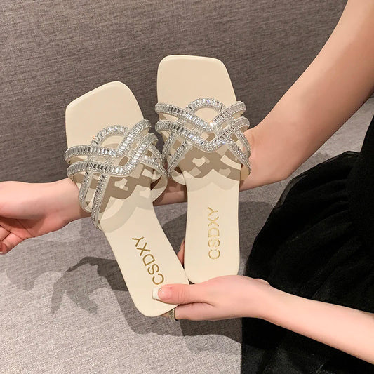 Luxury Rhinestone Flat Slippers Women's Summer Fashion Sandals for Beach & Party