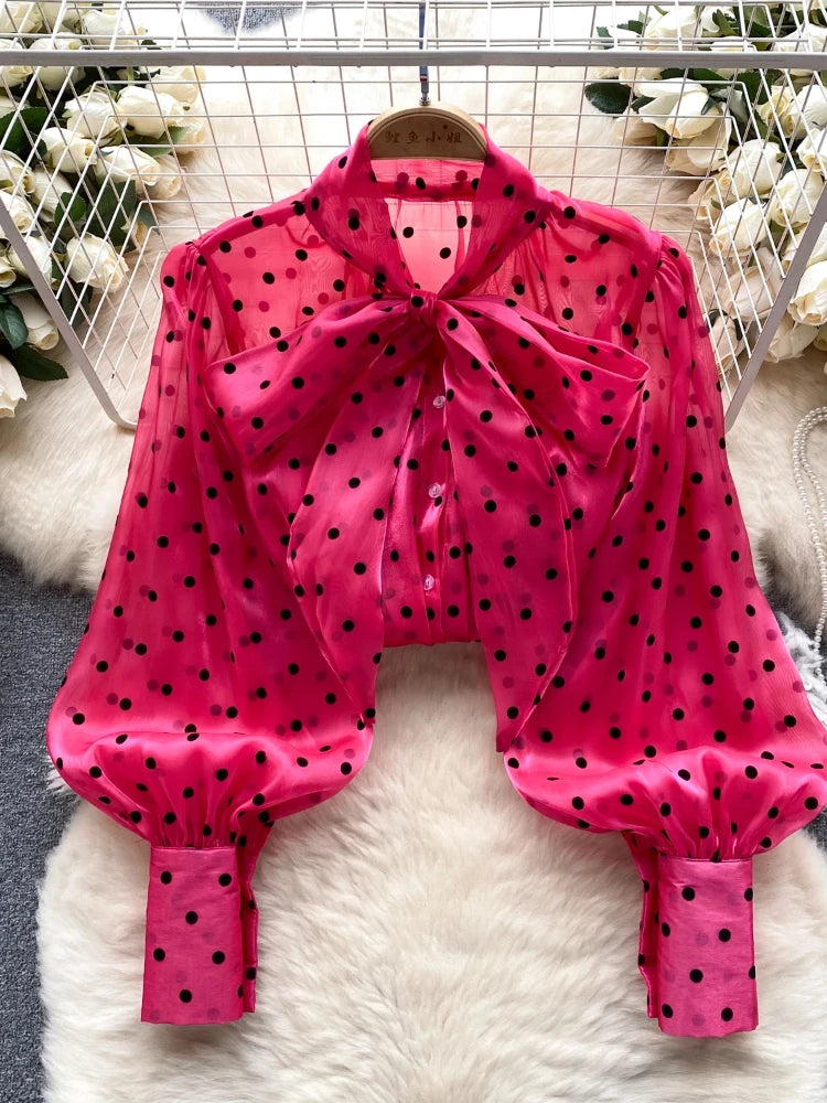 2025 Sweet Vintage Polka Dot Shirt long Sleeve Office ladies Blouses Tops