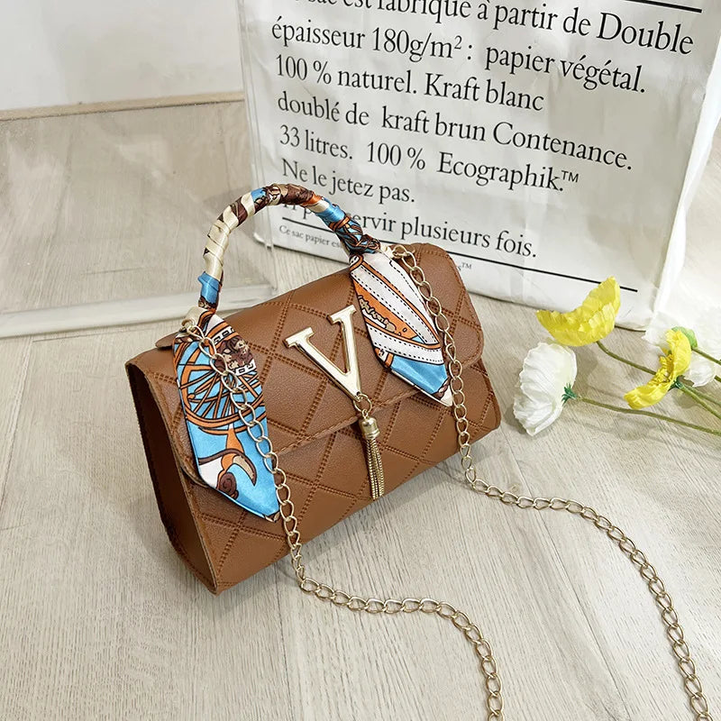 New Fashion Elegant Square Chain Shoulder Bag – V-Pattern, Silk Scarf & Tassel Detail