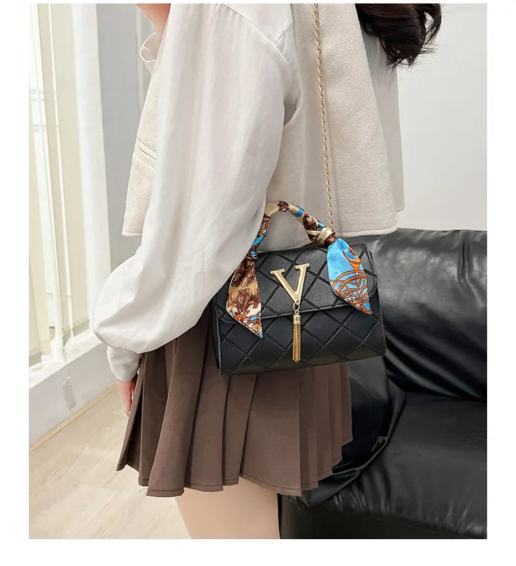 New Fashion Elegant Square Chain Shoulder Bag – V-Pattern, Silk Scarf & Tassel Detail