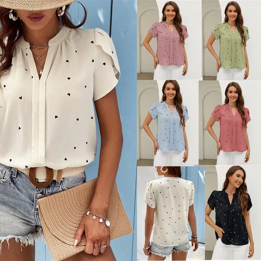 Summer Women's Shirts V-Neck Love Print Blouse Petal Sleeves & Pastoral Charm High Quality Tops for Female