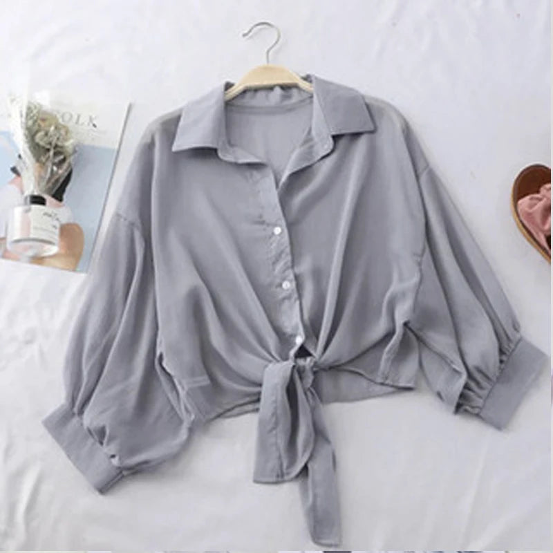 Elegant White Chiffon Blouse – Loose Fit, Tie-Waist, Half-Sleeve Summer Shir