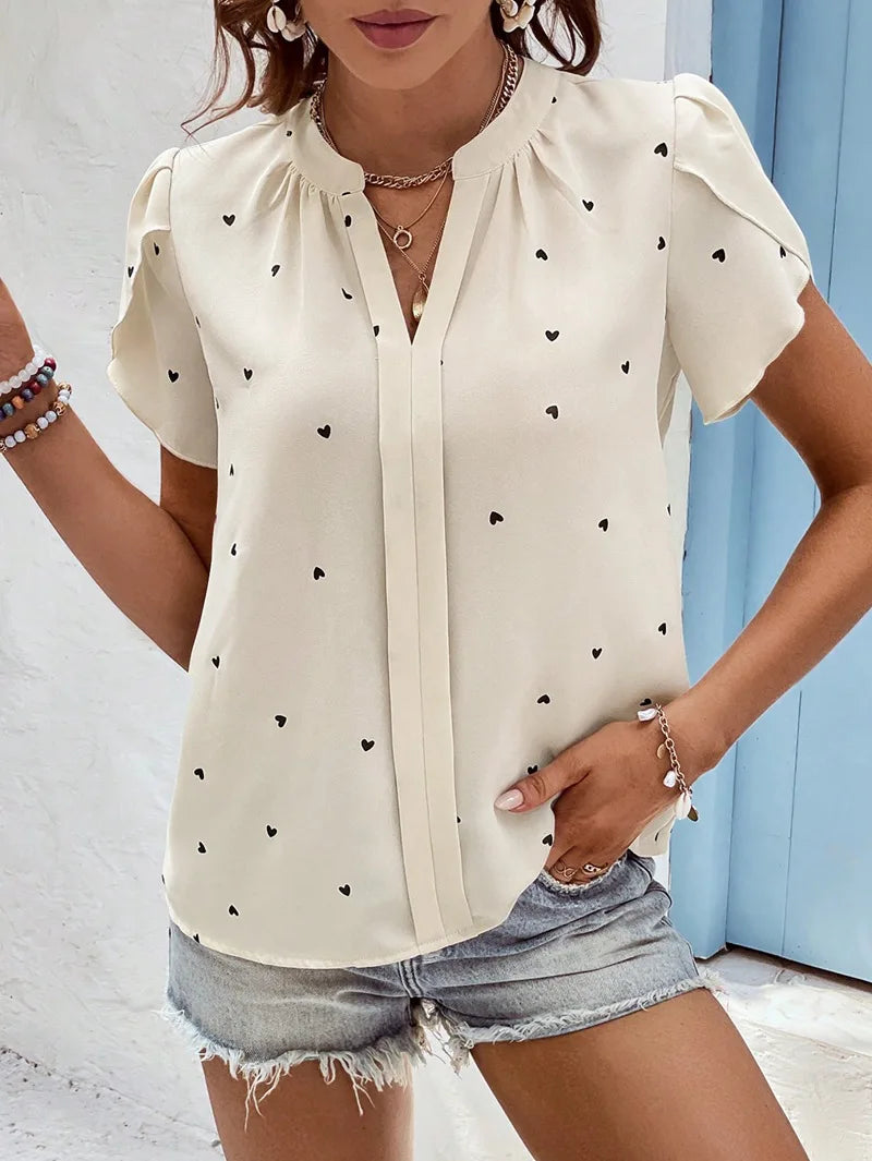 Summer Women's Shirts V-Neck Love Print Blouse Petal Sleeves & Pastoral Charm High Quality Tops for Female