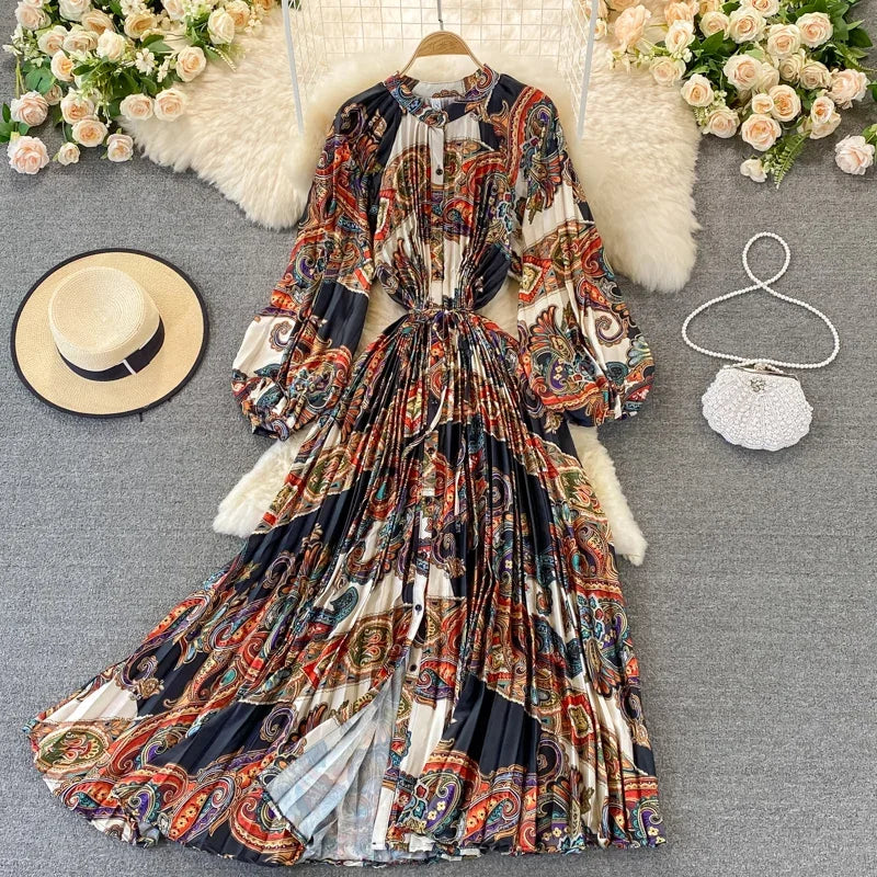 Boho Floral Chiffon Midi Dress  Puff Sleeve, Lace-Up Waist, Beach Style for Women