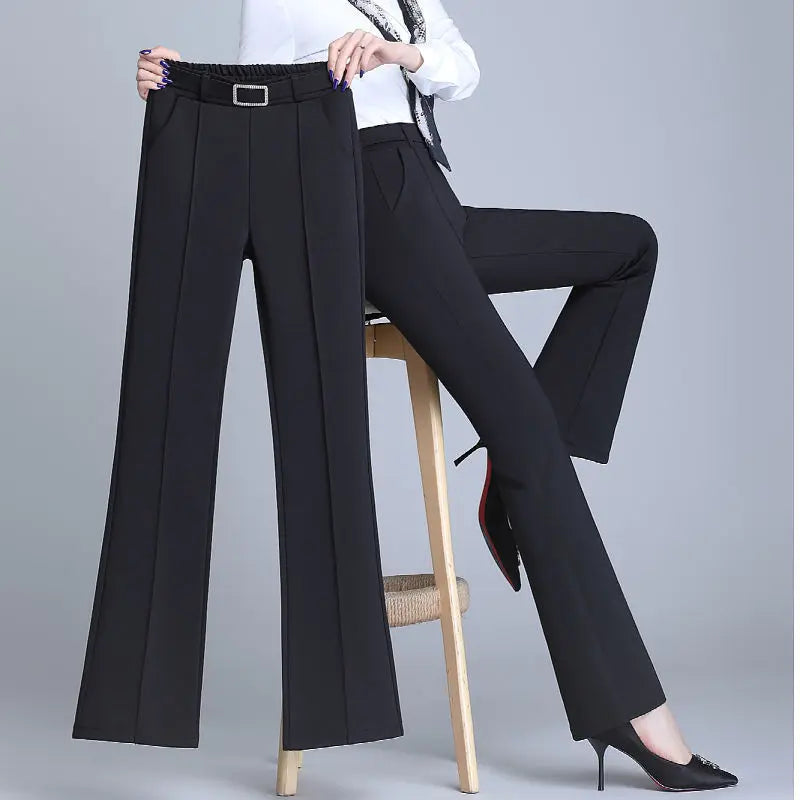 Women's Elegant High-Waist Flare Pants Diamond Detail Casual Straight Trousers for Spring & Autumn