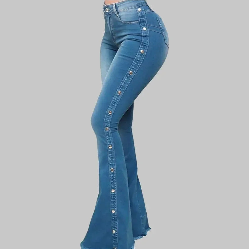 2025 Vintage High-Waist Flare Jeans for Women Stretch Denim Streetwear Trousers with Buttons, Floor-Length Autumn Style