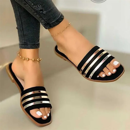 Trendy Women's Slides Chic Metal-Striped Summer Slippers – Flat, Slip-On Comfort for Casual Outdoors, Available in Plus Size