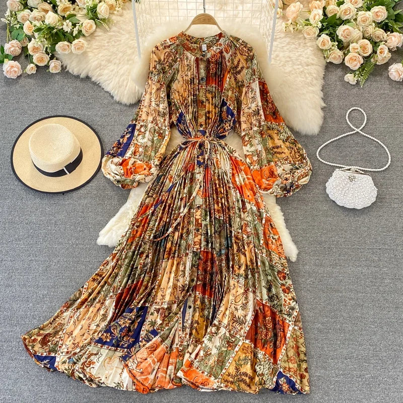 Boho Floral Chiffon Midi Dress  Puff Sleeve, Lace-Up Waist, Beach Style for Women