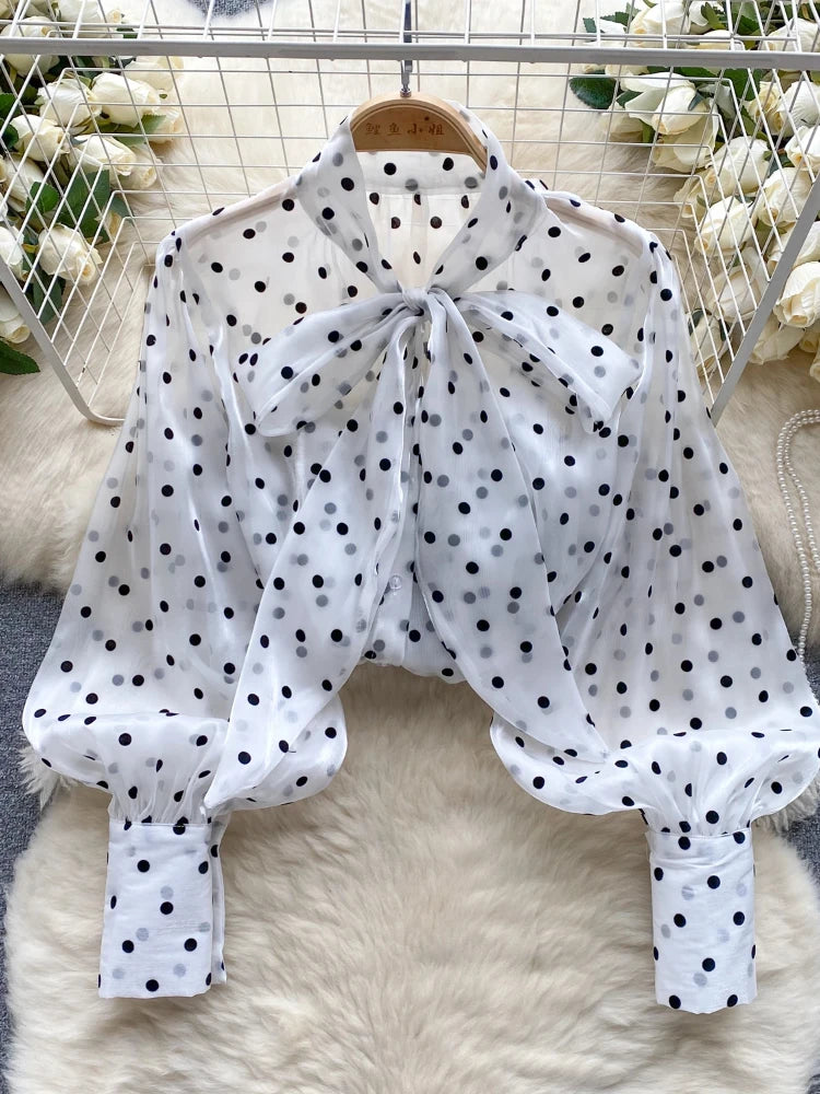 2025 Sweet Vintage Polka Dot Shirt long Sleeve Office ladies Blouses Tops