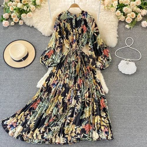 Boho Floral Chiffon Midi Dress  Puff Sleeve, Lace-Up Waist, Beach Style for Women