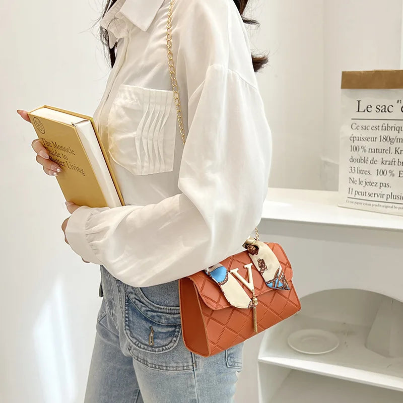 New Fashion Elegant Square Chain Shoulder Bag – V-Pattern, Silk Scarf & Tassel Detail