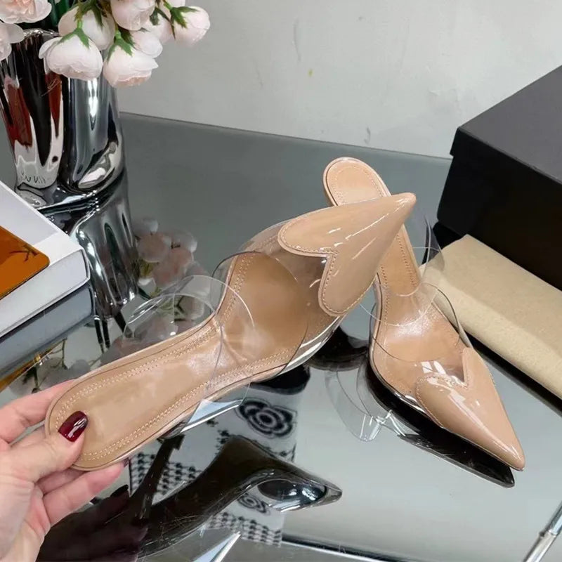 Star-Style Transparent PVC Heels – Mixed-Color Pointed Toe Slingback Mules for Party & Prom high heels
