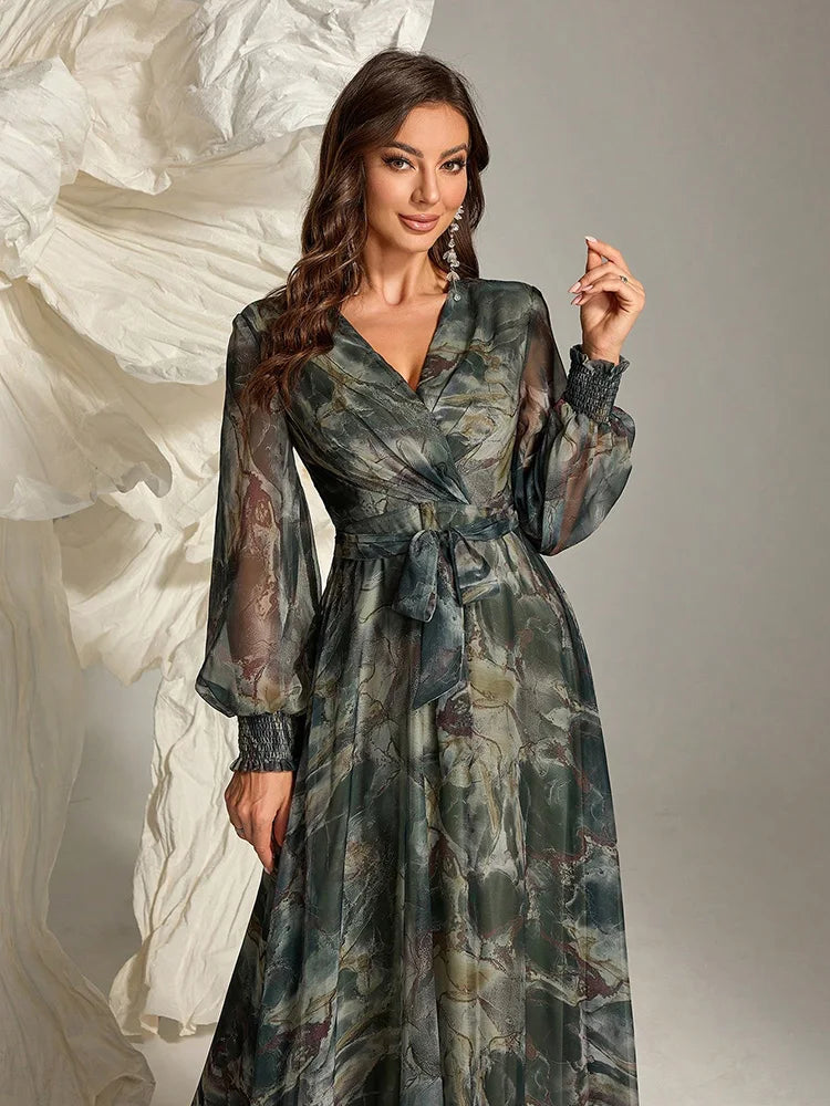 Women's Elegant Floral Wrap Dress TOLEEN 2024 Spring/Summer Belted Maxi with Long Sleeves