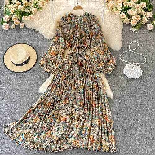 Boho Floral Chiffon Midi Dress  Puff Sleeve, Lace-Up Waist, Beach Style for Women