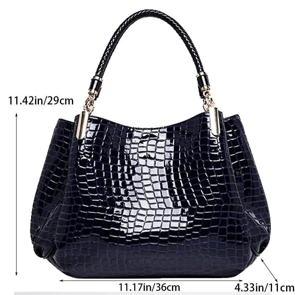 Elegant Large Capacity Handbag – Croc-Effect Glossy Tote for Everyday Use