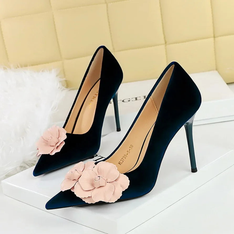style Women's Suede Floral Stilettos Elegant High Heels for Banquets & Special Occasions