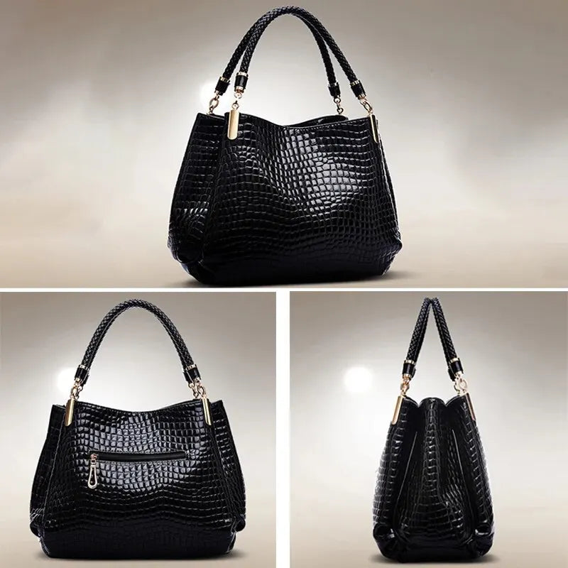 Elegant Large Capacity Handbag – Croc-Effect Glossy Tote for Everyday Use